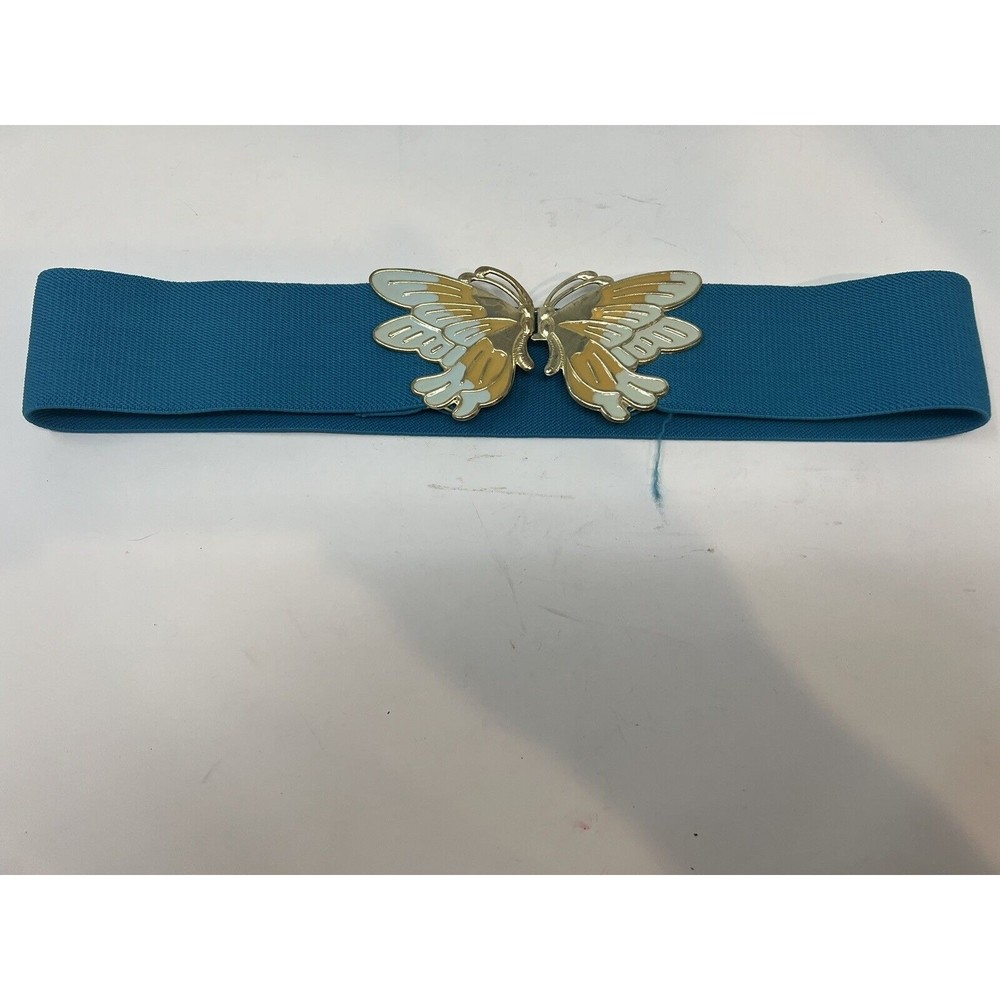 Women's Stretch Enamel Butterfly Belt 70's - 80's Blue Yellow Gold Vintage